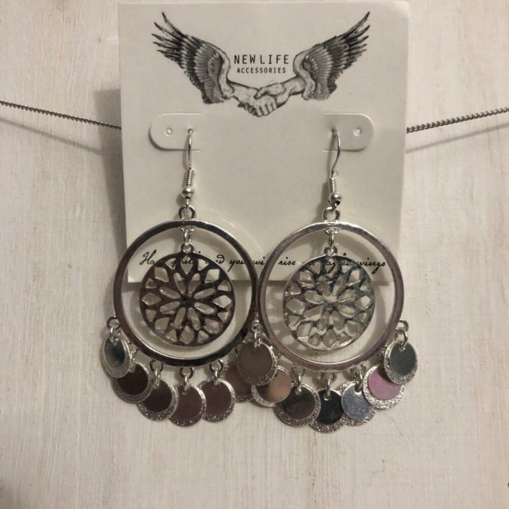 New Life Round Dangle Earrings Silver Tone NOC
